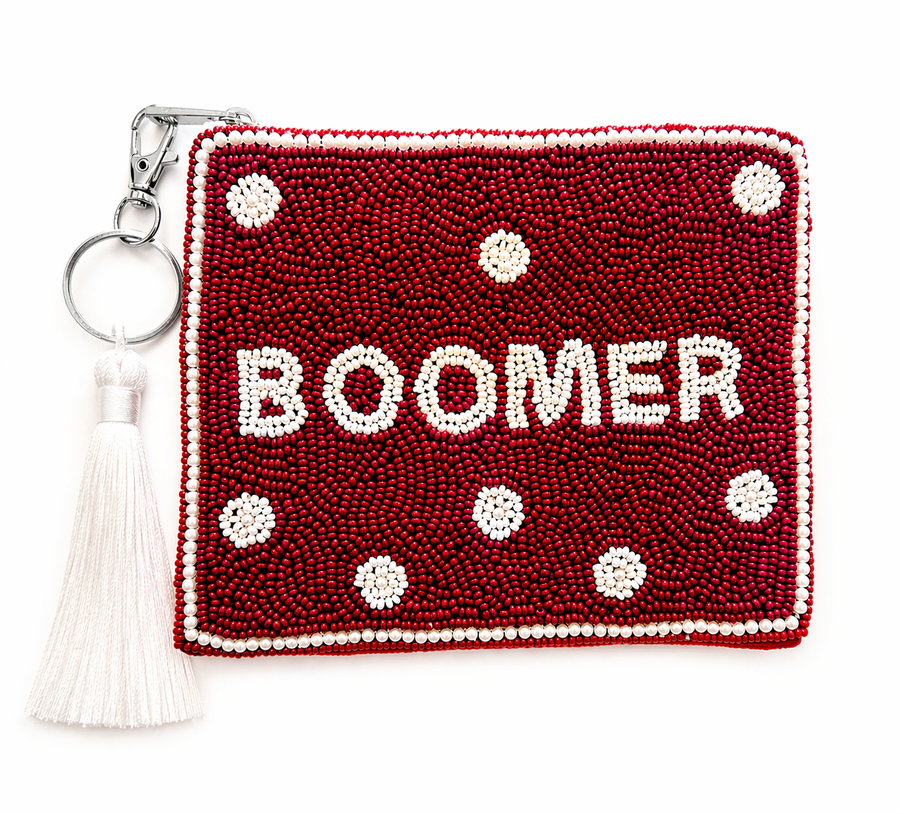 Handmade Beaded Pearl Gameday Custom Coin Purse | Bag for Clear Stadium Bags | Oklahoma Sooners | Boomer | 405 Local Original | Polka Dot Pearl Border