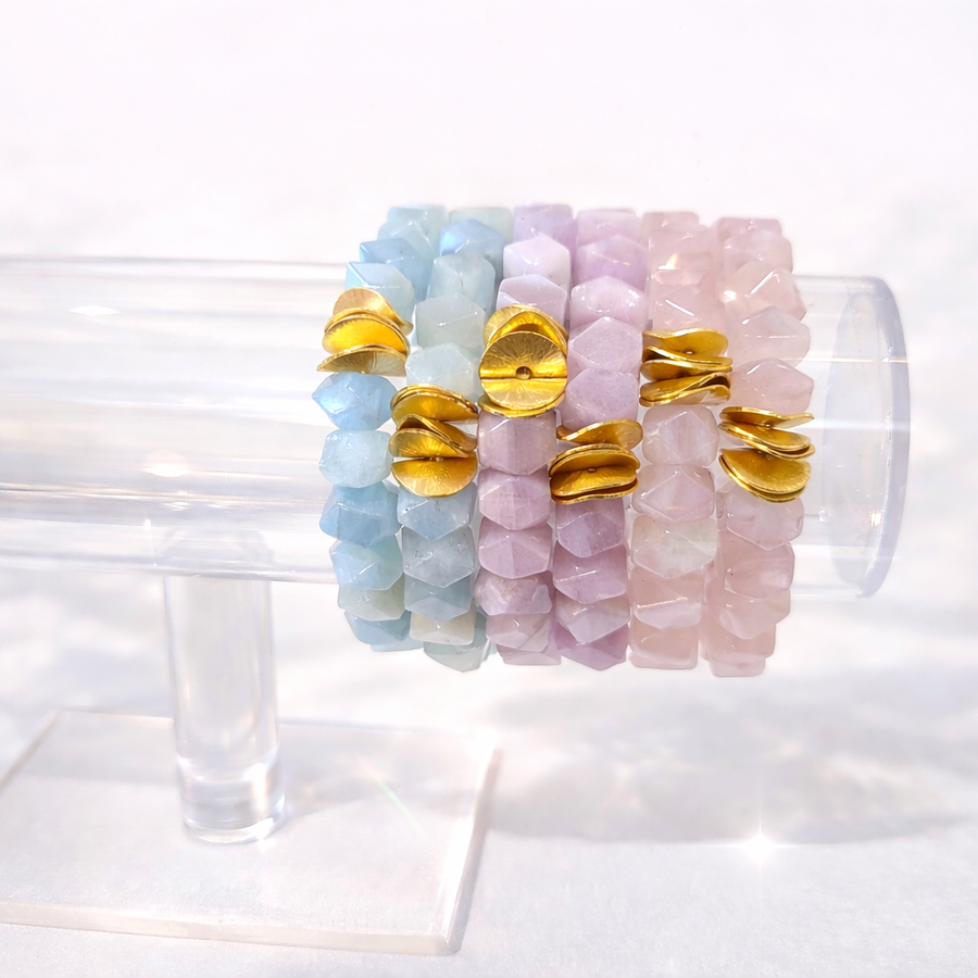 Aqua Blue Gemstone Bracelet l Chunky Beaded Stretchy Stackable l Boho Natural Stone Jewelry l Handmade Brushed Gold l Dreams Do Come True