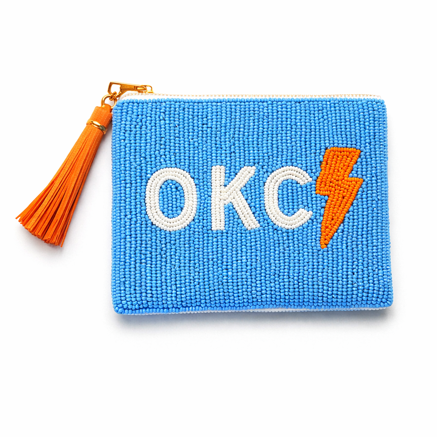 Handmade Beaded Gameday Custom Coin Purse | Bag for Clear Stadium Bags | OKC Thunder | Oklahoma  I Bright Blue with Bolt