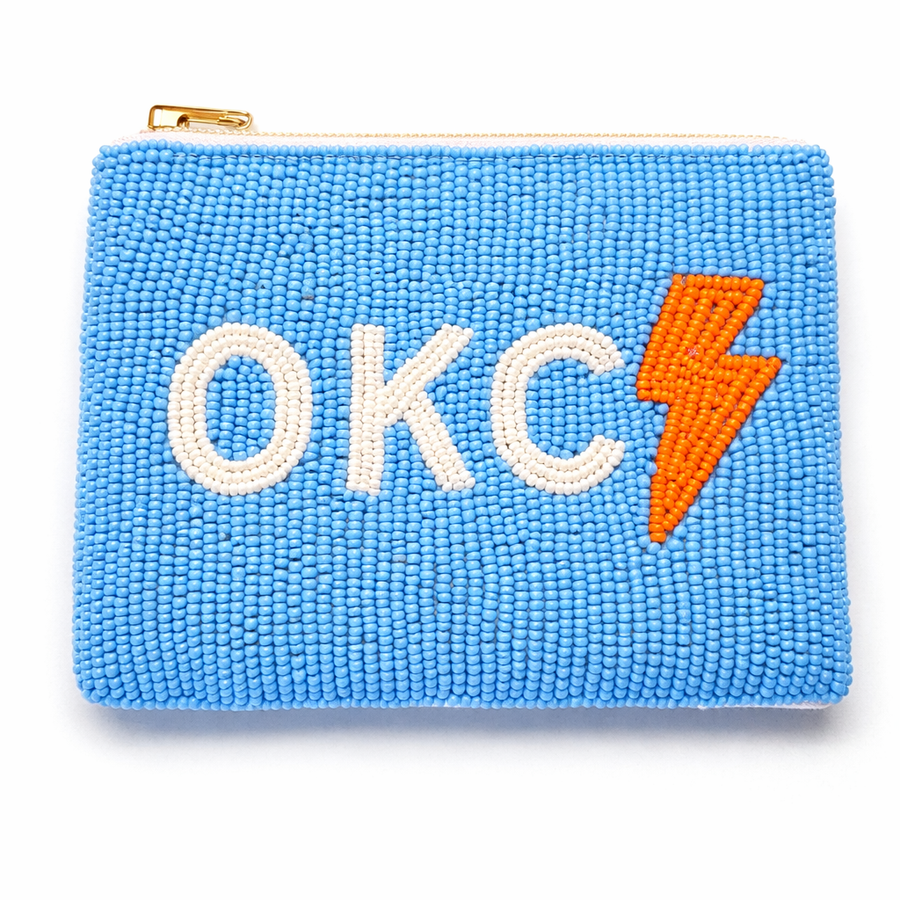 Handmade Beaded Gameday Custom Coin Purse | Bag for Clear Stadium Bags | OKC Thunder | Oklahoma  I Bright Blue with Bolt