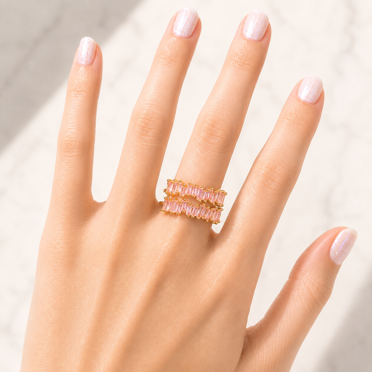 The Penny Pink Peony Double Baguette Band in Gold - Adjustable