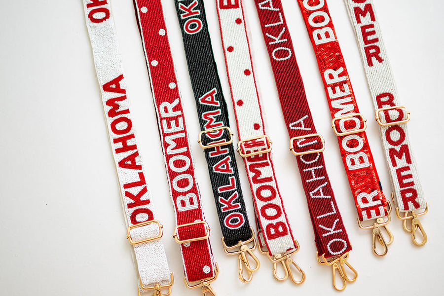 Hand Beaded OU Sooners Gameday Strap – Adjustable Bag Strap, Crimson Beaded Purse Strap for Oklahoma Football Fans, Game Day Accessories - White Polka Dot