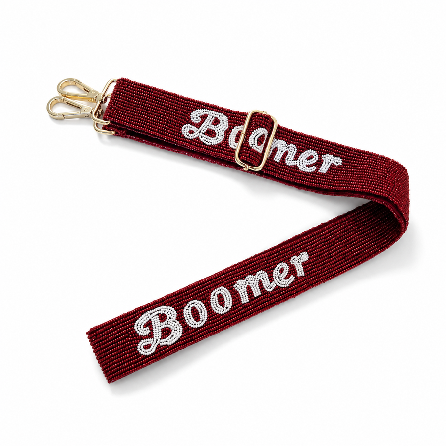 Hand Beaded Gameday Strap – Adjustable Bag Strap, Crimson Beaded Purse Strap for Oklahoma Football Fans, Game Day Accessories Retro Script