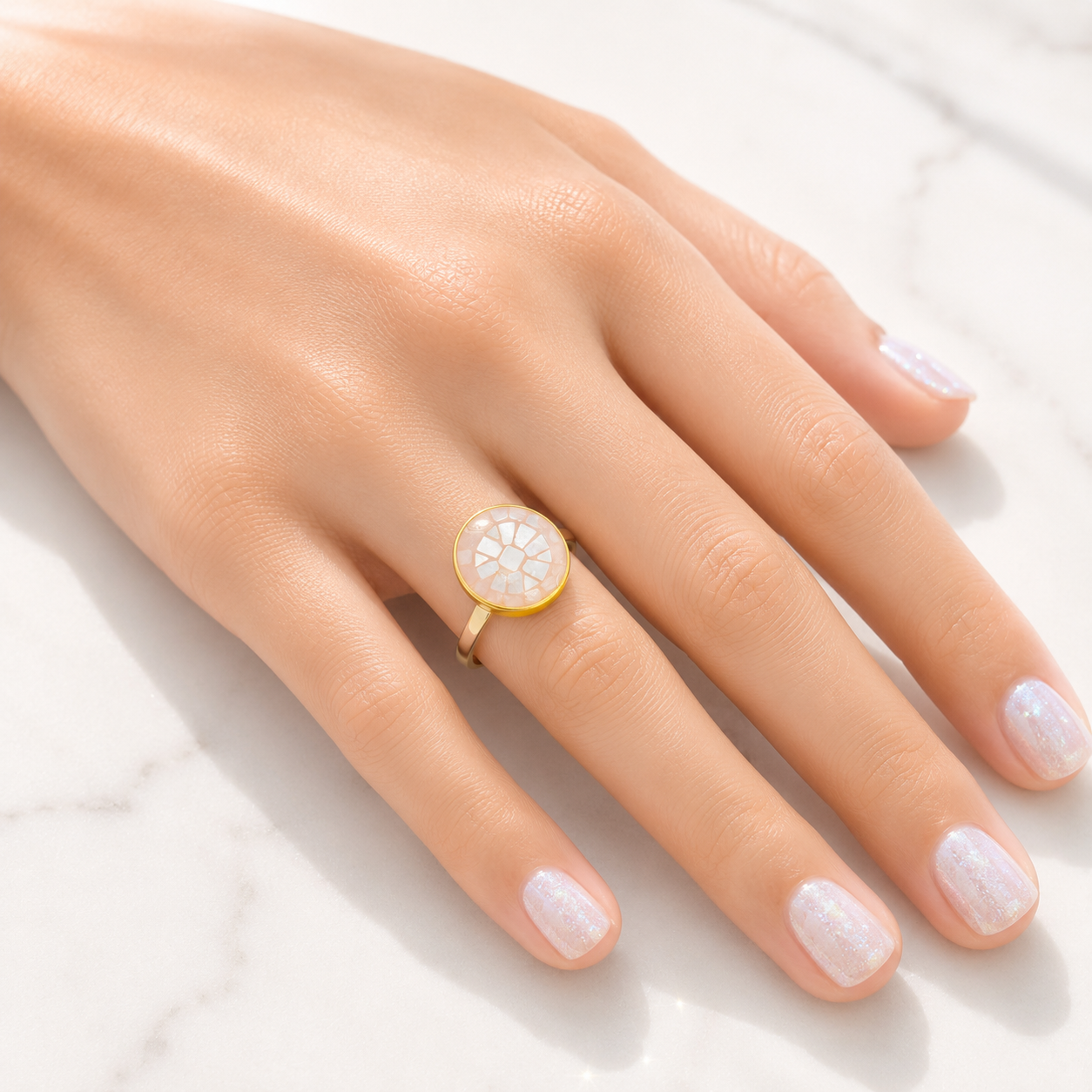 The Ocean is Calling Mother of Pearl Dainty Adjustable Gold and White Shell Ring