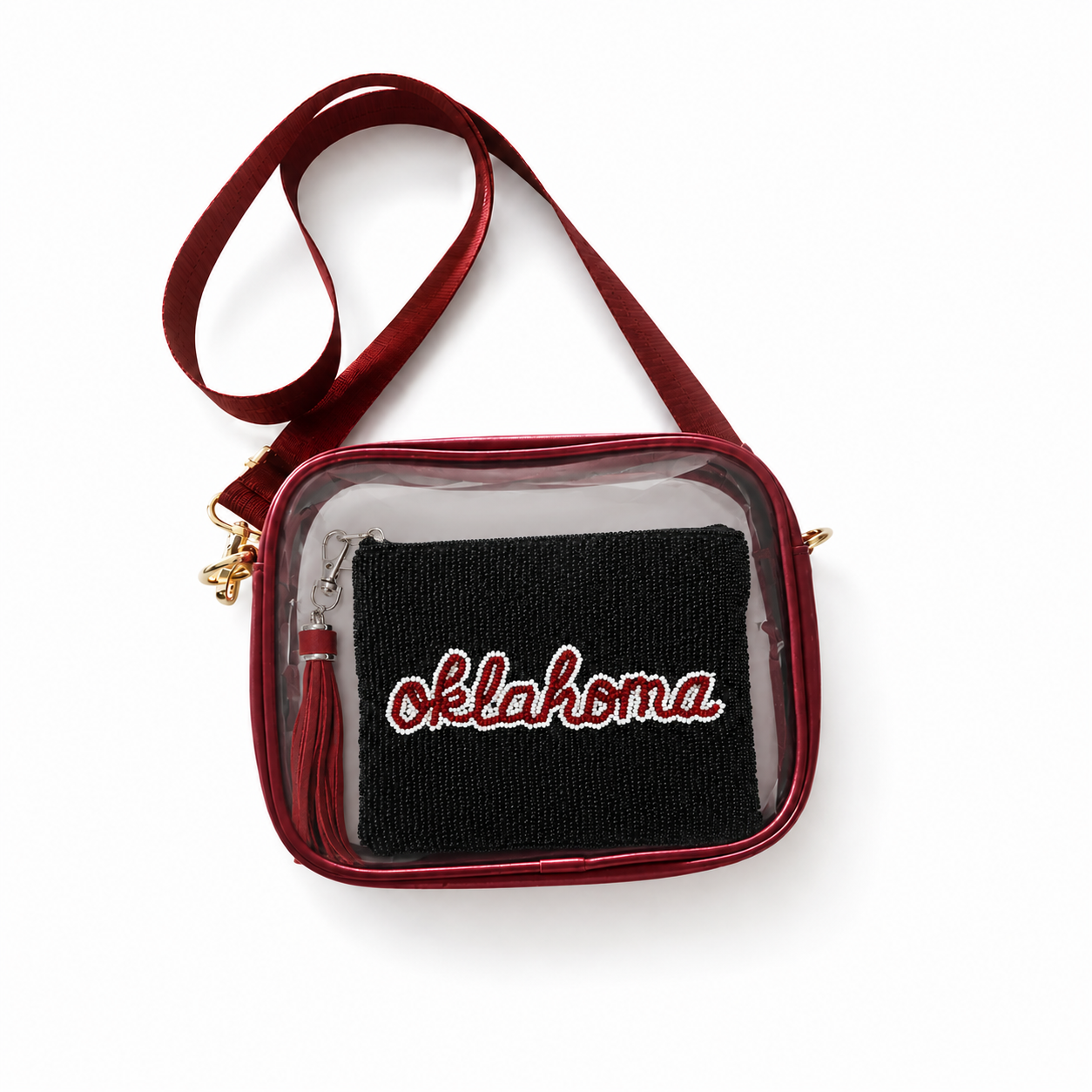 Handmade Beaded Sequin Gameday Custom Coin Purse | Bag for Clear Stadium Bags | Oklahoma | Boomer | 405 Local Original - Black Beads