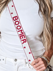 Hand Beaded OU Sooners Gameday Strap – Adjustable Bag Strap, Crimson Beaded Purse Strap for Oklahoma Football Fans, Game Day Accessories - White Polka Dot