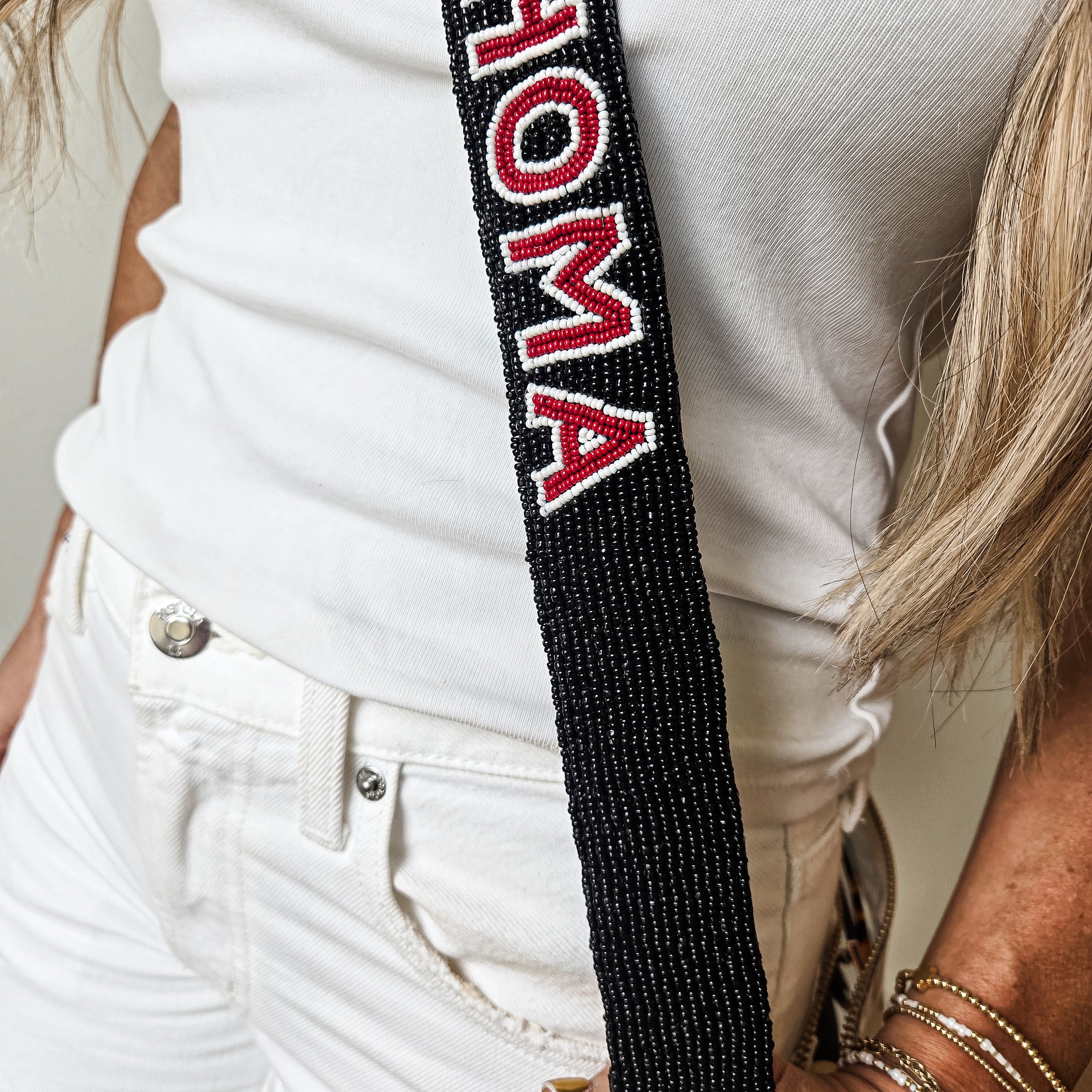 Hand Beaded OU Sooners Gameday Strap – Adjustable Bag Strap, Crimson Beaded Purse Strap for Oklahoma Football Fans, Game Day Accessories - Black