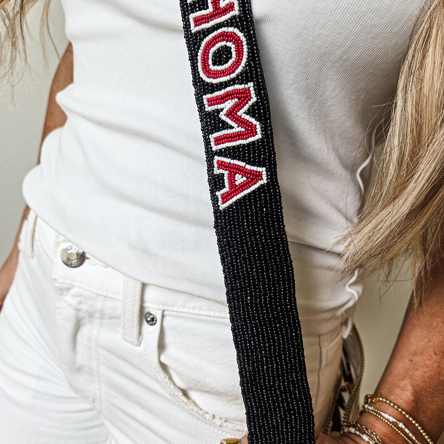 Hand Beaded OU Sooners Gameday Strap – Adjustable Bag Strap, Crimson Beaded Purse Strap for Oklahoma Football Fans, Game Day Accessories - Black