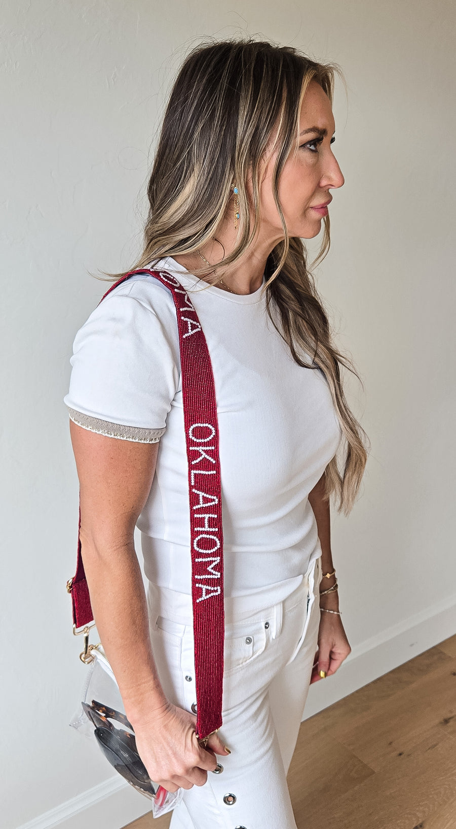 Hand Beaded OU Sooners Gameday Strap – Adjustable Bag Strap, Crimson Beaded Purse Strap for Oklahoma Football Fans, Game Day Accessories - Red Polka Dot