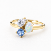 Four plated Gold Adjustable Opal & Zircon Cluster Ring I Dainty Blue and White Gemstone Ring I Eco-conscious Synthetic Opal Ring