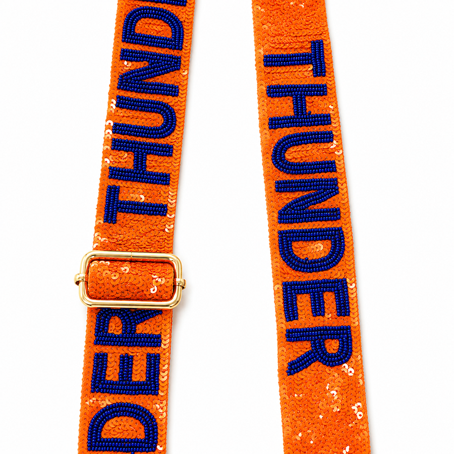Hand Beaded OKC Thunder Gameday Strap – Adjustable Bag Strap, Blue Beaded Purse Strap for Basketball Fans, Game Day Accessories - Orange Sequins