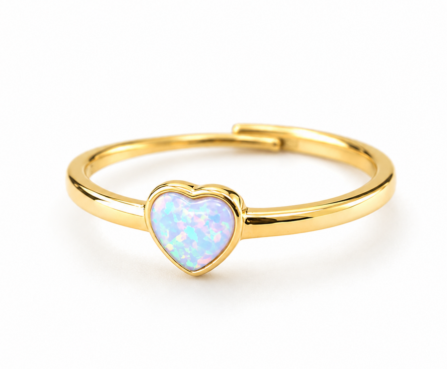 The Millie Dainty & Delicate Opal Heart Ring in Gold - Adjustable - White Opal