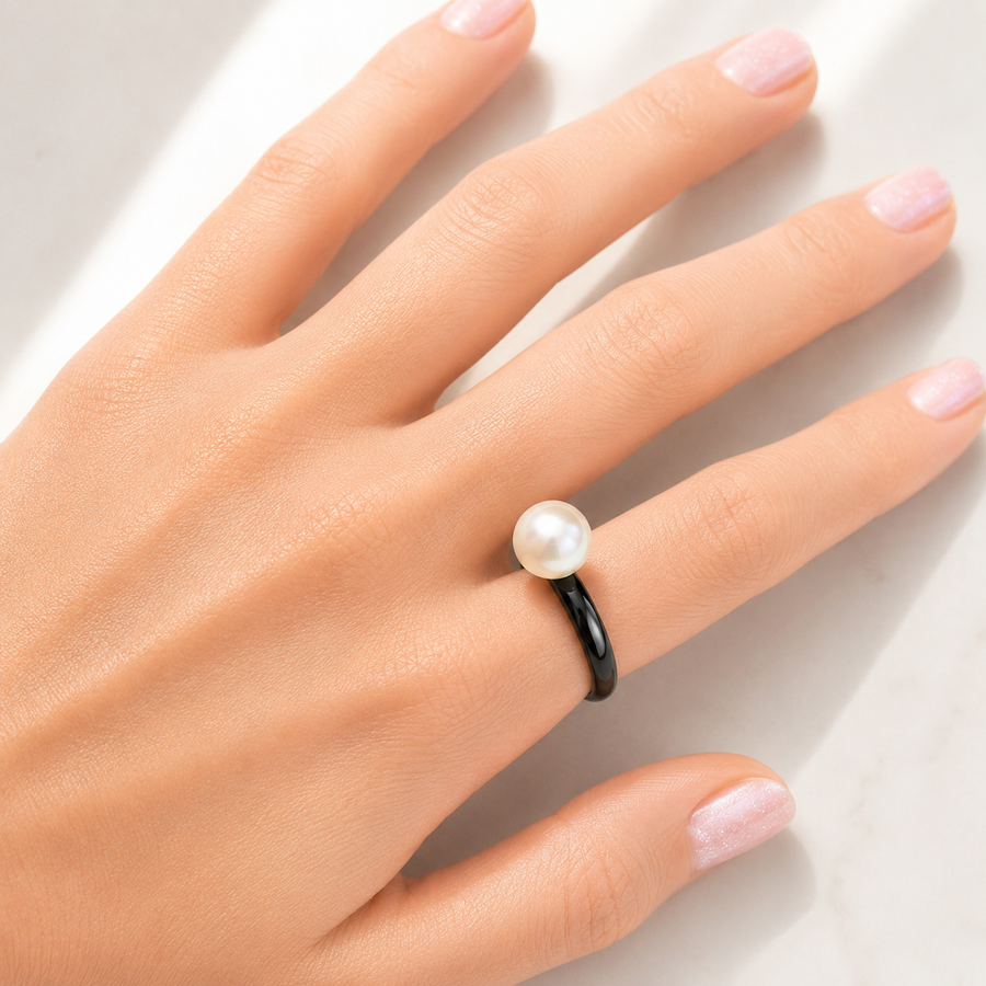 The Maggie Gumball Pearl Ring in Black Enamel