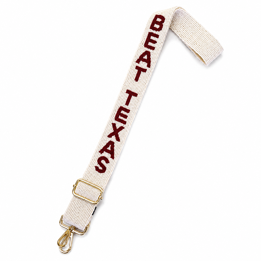 Hand Beaded Gameday Strap – Adjustable Bag Strap, Crimson Beaded Purse Strap for Oklahoma Football Fans, Game Day Accessories Beat Texas White