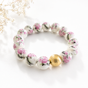 The Camille Chinoiserie Painted Bead Stretchy Bracelet with Brushed Gold Ball - Pink Floral Colorway
