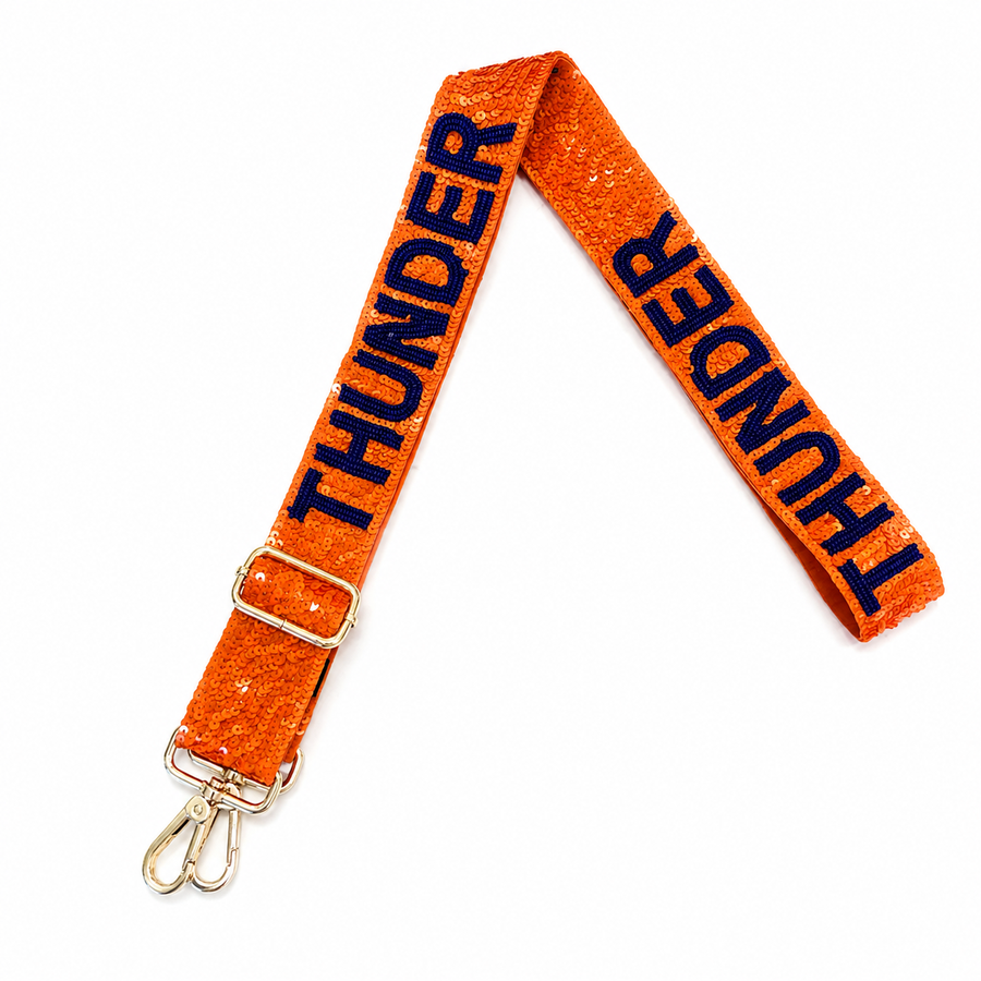 Hand Beaded OKC Thunder Gameday Strap – Adjustable Bag Strap, Blue Beaded Purse Strap for Basketball Fans, Game Day Accessories - Orange Sequins