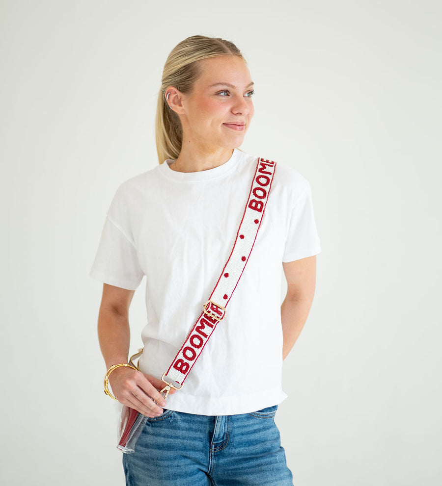 Hand Beaded OU Sooners Gameday Strap – Adjustable Bag Strap, Crimson Beaded Purse Strap for Oklahoma Football Fans, Game Day Accessories - White Polka Dot