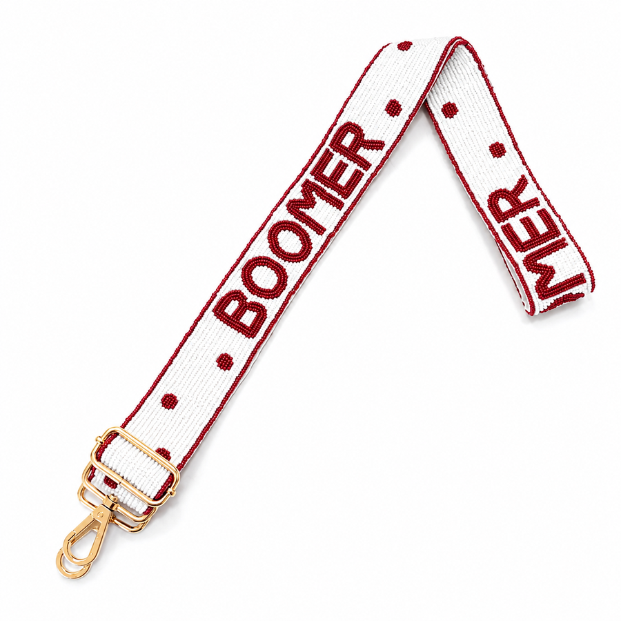 Hand Beaded OU Sooners Gameday Strap – Adjustable Bag Strap, Crimson Beaded Purse Strap for Oklahoma Football Fans, Game Day Accessories - White Polka Dot