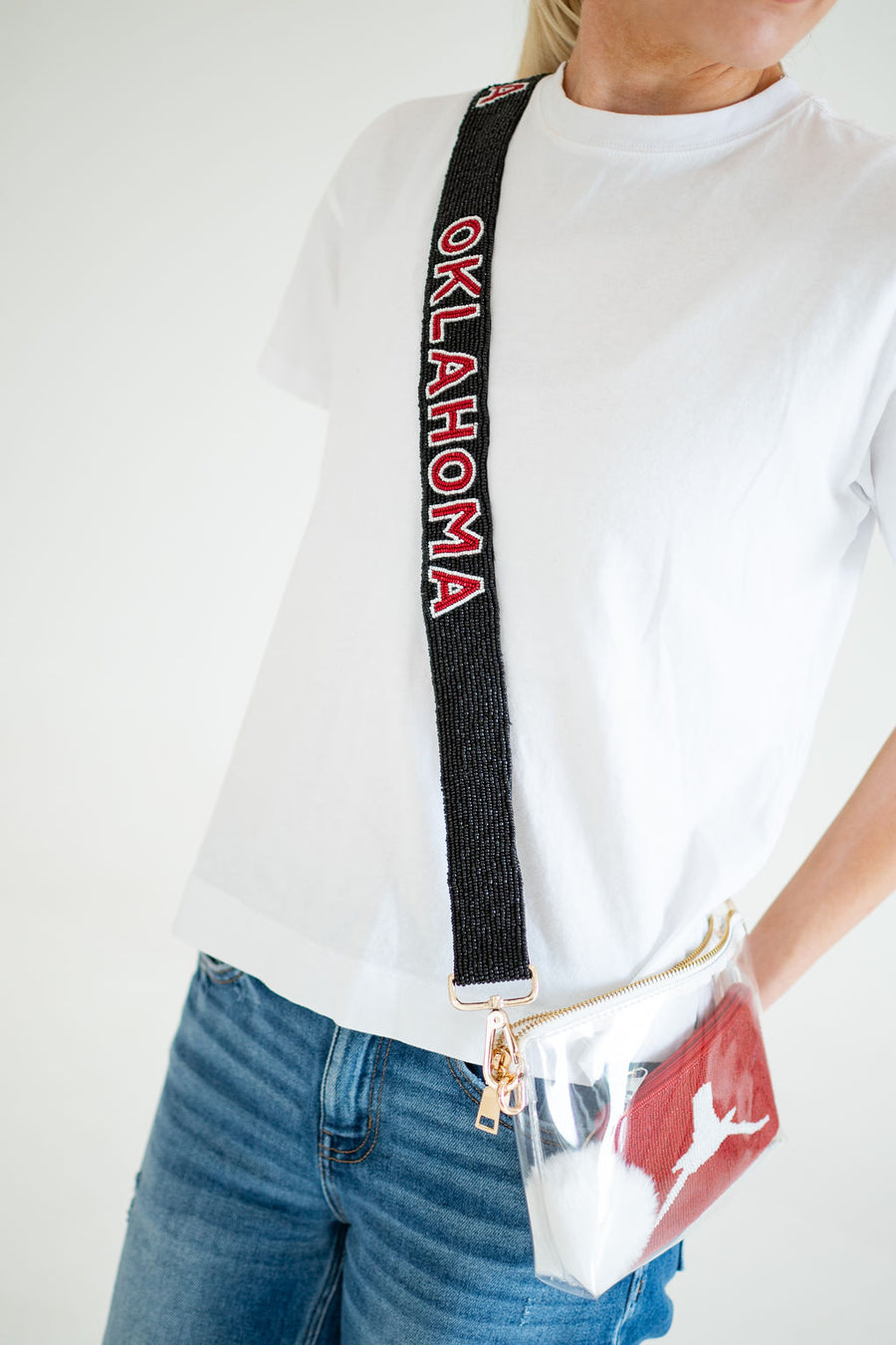 Hand Beaded OU Sooners Gameday Strap – Adjustable Bag Strap, Crimson Beaded Purse Strap for Oklahoma Football Fans, Game Day Accessories - Black