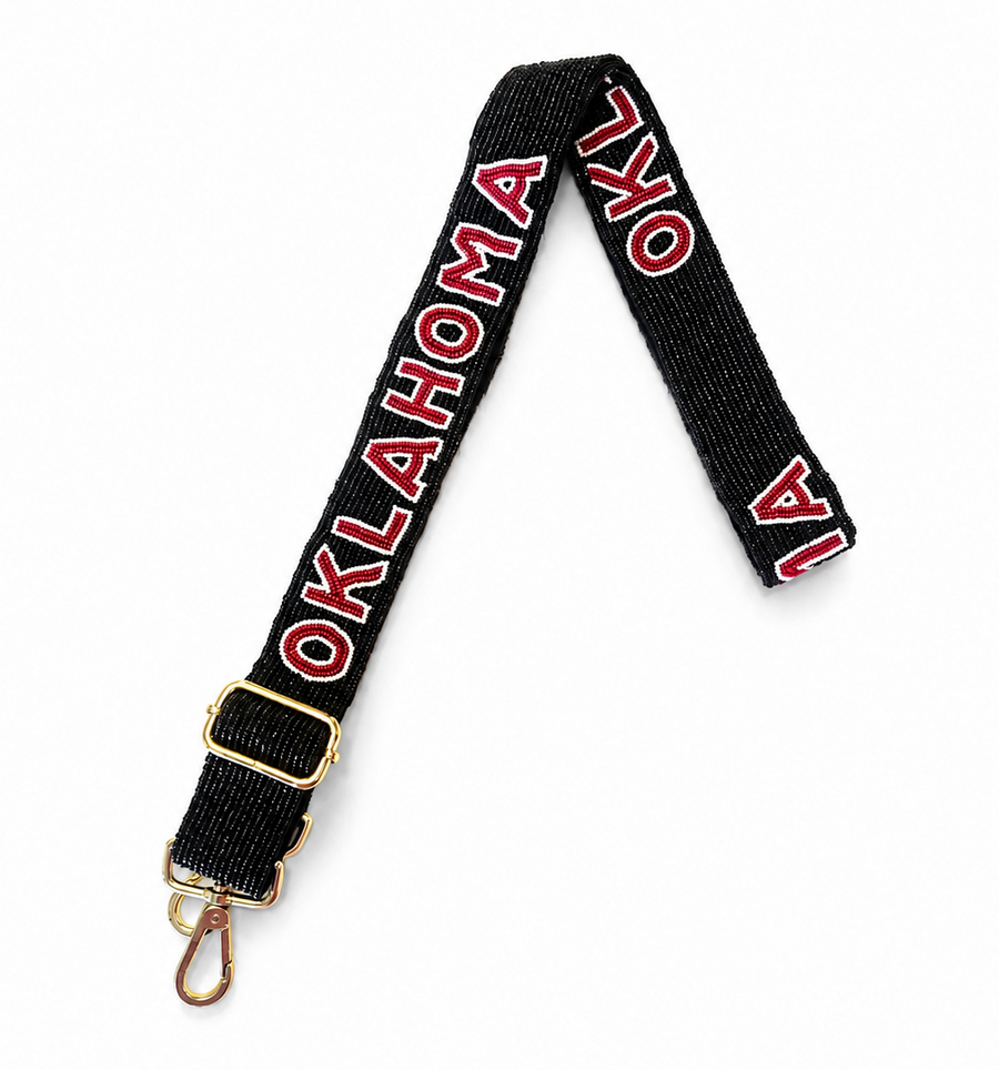 Hand Beaded OU Sooners Gameday Strap – Adjustable Bag Strap, Crimson Beaded Purse Strap for Oklahoma Football Fans, Game Day Accessories - Black