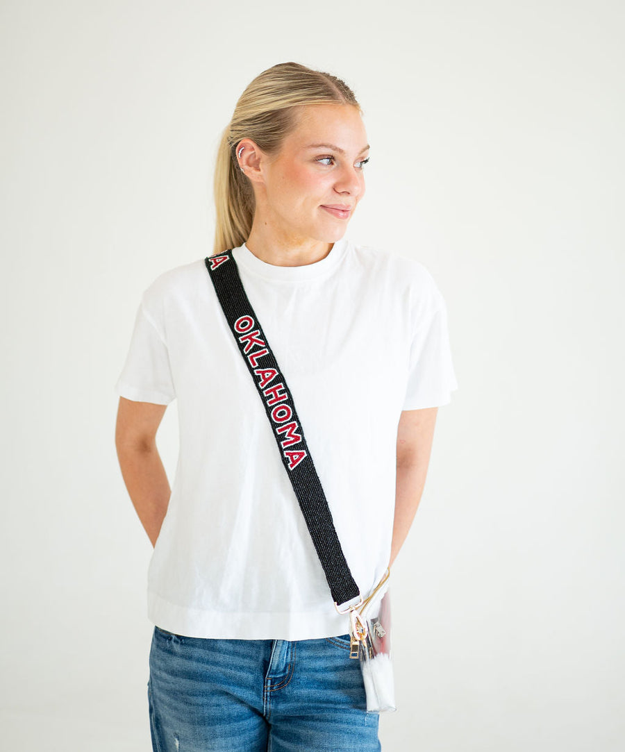 Hand Beaded OU Sooners Gameday Strap – Adjustable Bag Strap, Crimson Beaded Purse Strap for Oklahoma Football Fans, Game Day Accessories - Black