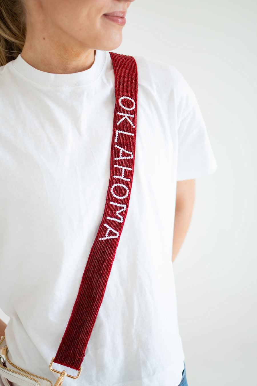 Hand Beaded OU Sooners Gameday Strap – Adjustable Bag Strap, Crimson Beaded Purse Strap for Oklahoma Football Fans, Game Day Accessories Pearls Script