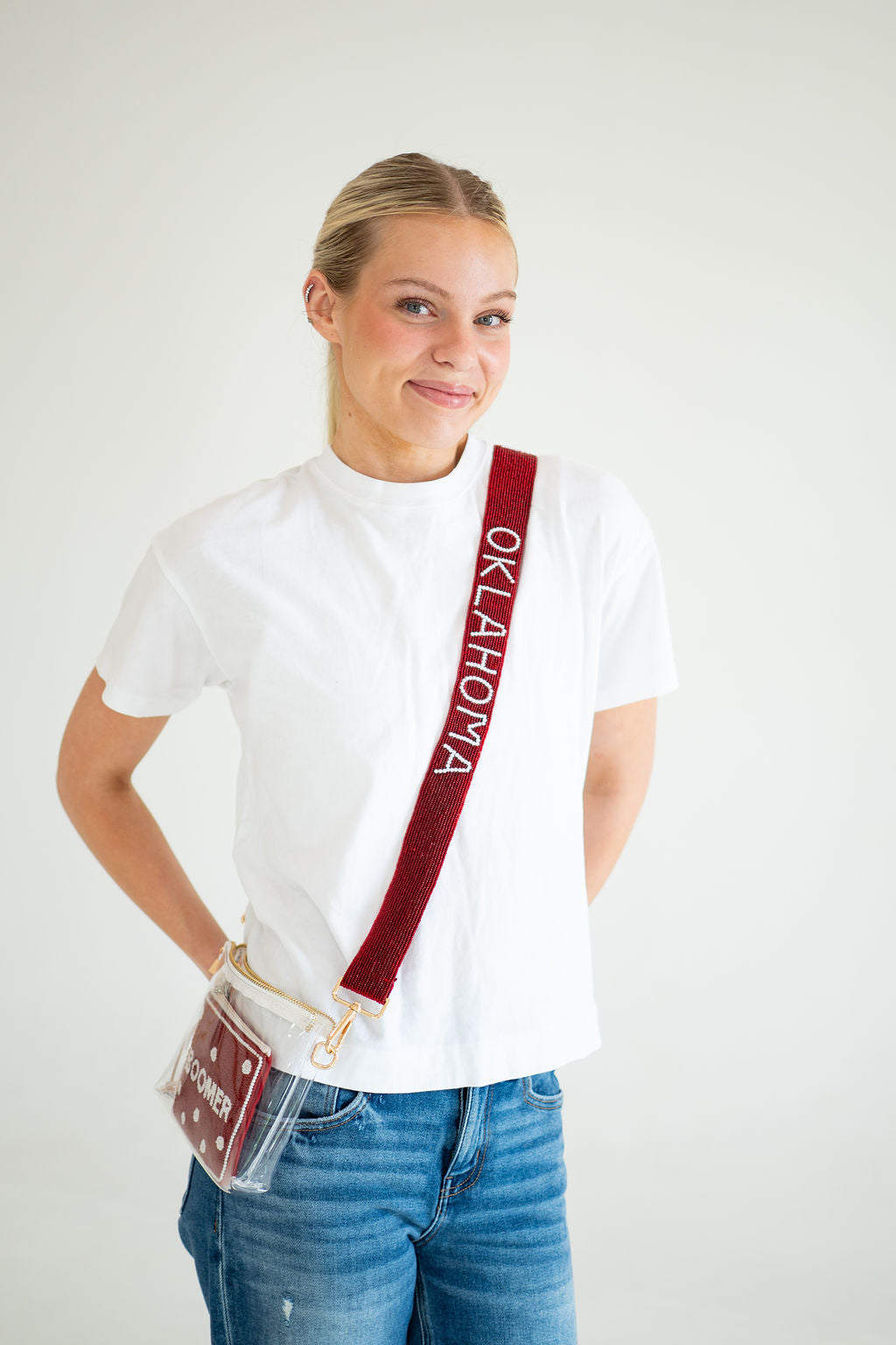 Hand Beaded OU Sooners Gameday Strap – Adjustable Bag Strap, Crimson Beaded Purse Strap for Oklahoma Football Fans, Game Day Accessories Pearls Script
