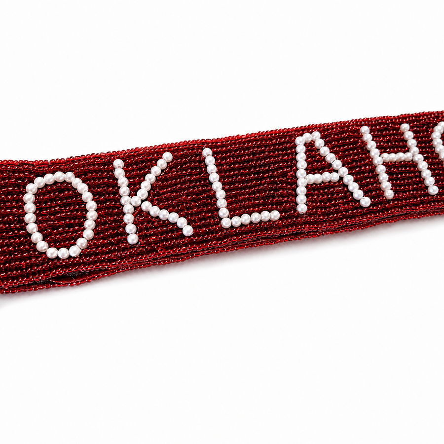 Hand Beaded OU Sooners Gameday Strap – Adjustable Bag Strap, Crimson Beaded Purse Strap for Oklahoma Football Fans, Game Day Accessories Pearls Script