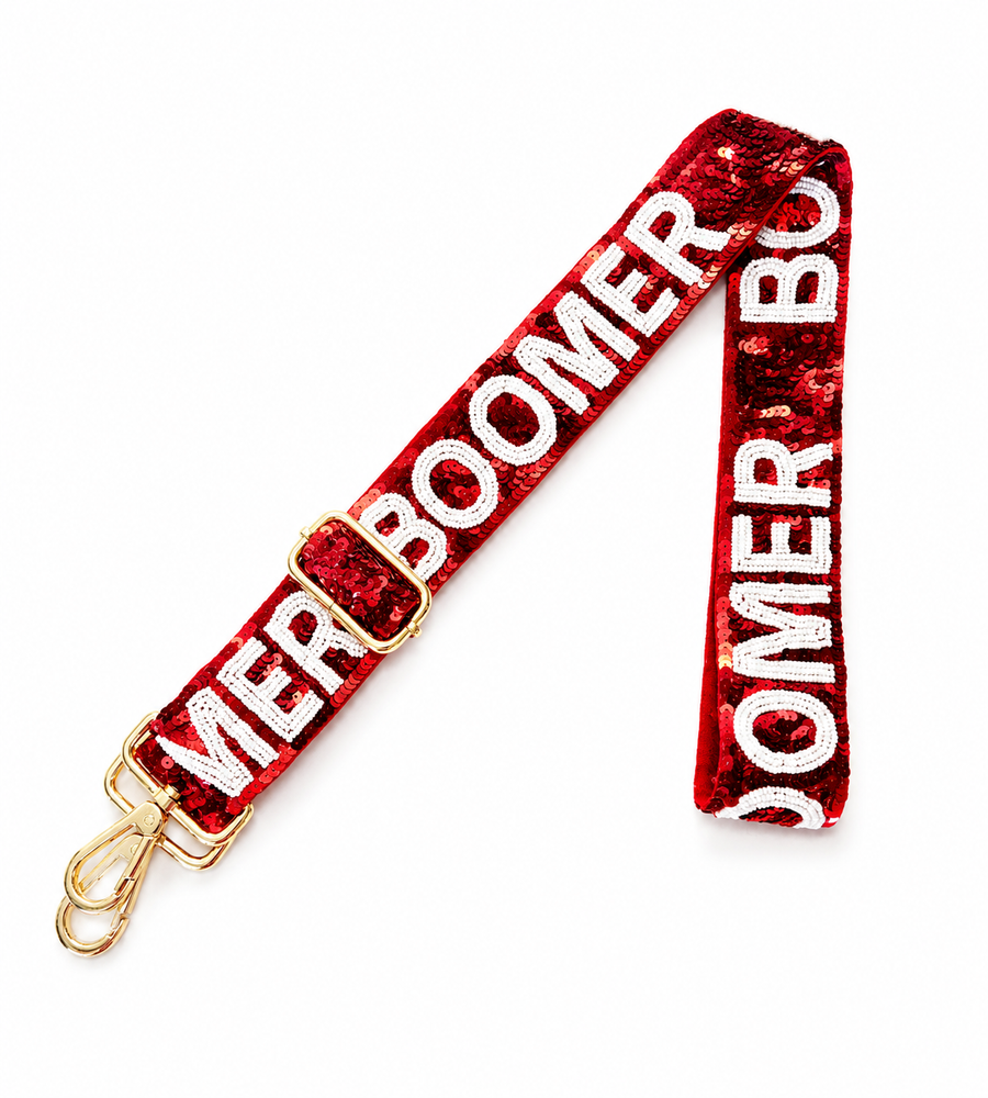 Hand Beaded Gameday Strap – Adjustable Bag Strap, Crimson Beaded Purse Strap for Oklahoma Football Fans, Game Day Accessories Red Sequins