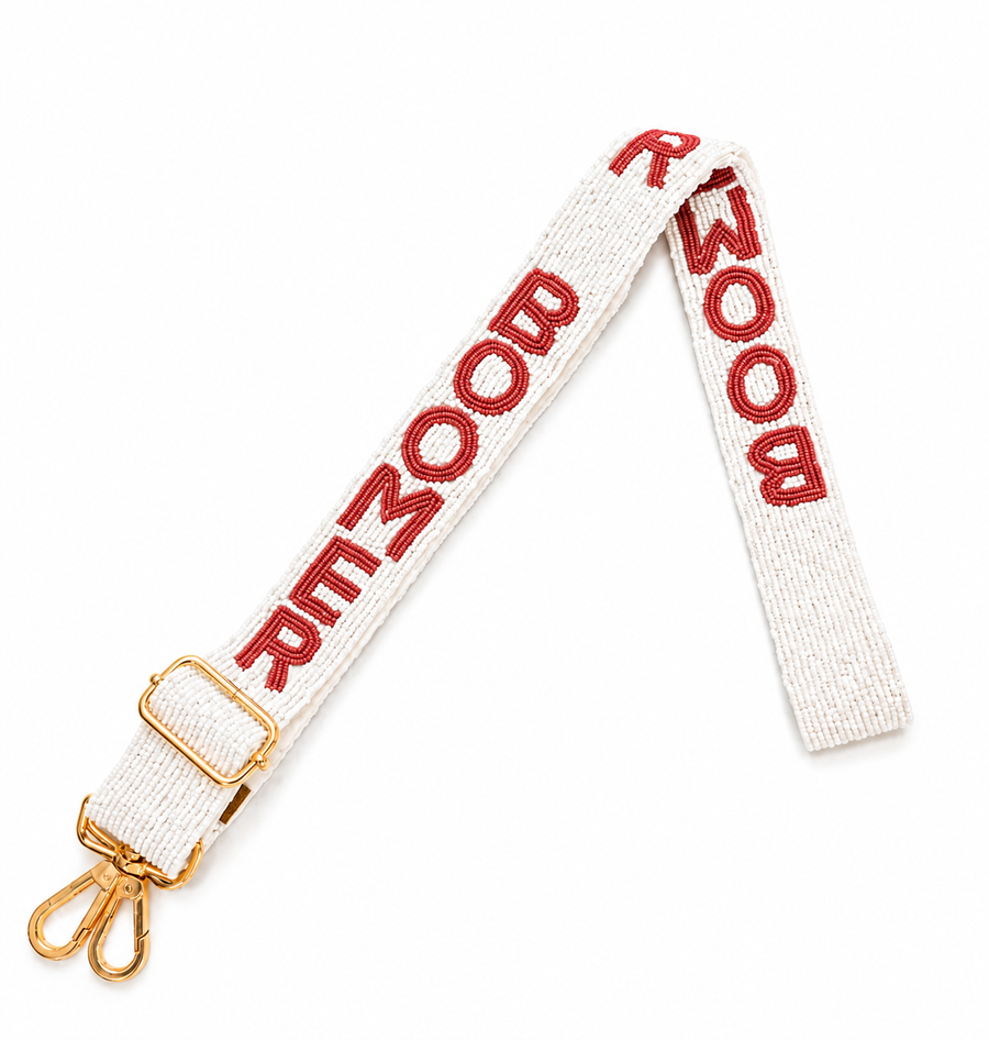 Hand Beaded Gameday Strap – Adjustable Bag Strap, Crimson Beaded Purse Strap for Oklahoma Football Fans, Game Day Accessories White
