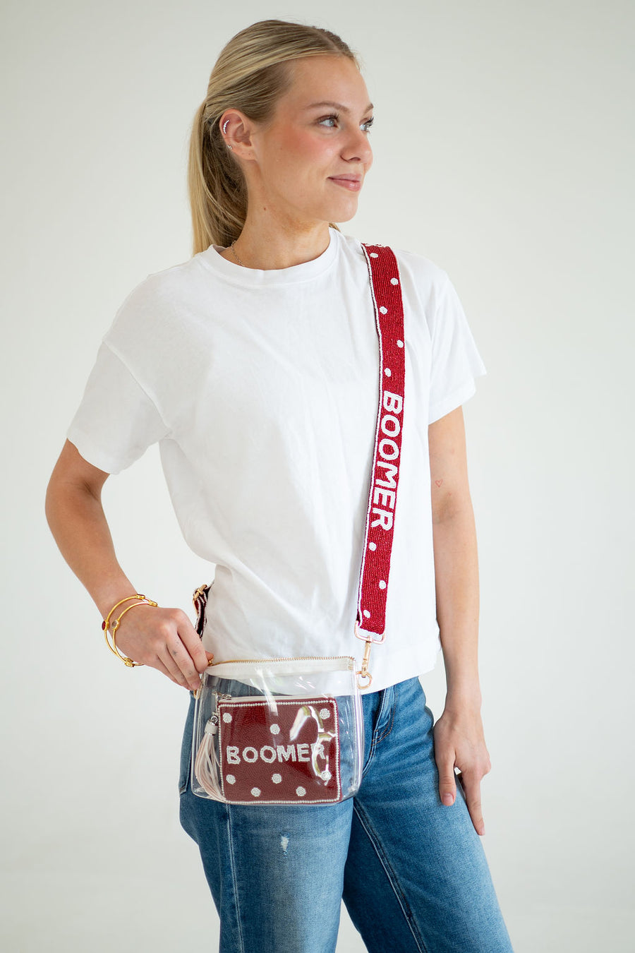 Hand Beaded OU Sooners Gameday Strap – Adjustable Bag Strap, Crimson Beaded Purse Strap for Oklahoma Football Fans, Game Day Accessories - Red Polka Dot