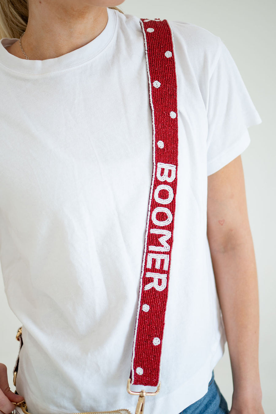 Hand Beaded OU Sooners Gameday Strap – Adjustable Bag Strap, Crimson Beaded Purse Strap for Oklahoma Football Fans, Game Day Accessories - Red Polka Dot