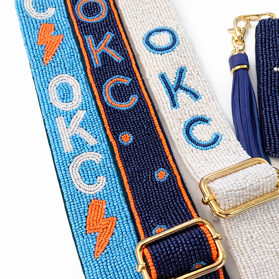 Hand Beaded OKC Thunder Gameday Strap – Adjustable Bag Strap, Blue Beaded Purse Strap for Basketball Fans, Game Day Accessories - Bright Bolt PREORDER SHIPS APPROX 6/29