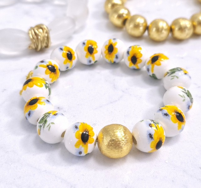 The Camille Chinoiserie Painted Bead Stretchy Bracelet with Brushed Gold Ball - Sunflower