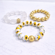 The Camille Chinoiserie Painted Bead Stretchy Bracelet with Brushed Gold Ball - Sunflower