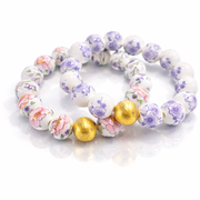The Camille Chinoiserie Painted Bead Stretchy Bracelet with Brushed Gold Ball - Lilac Floral