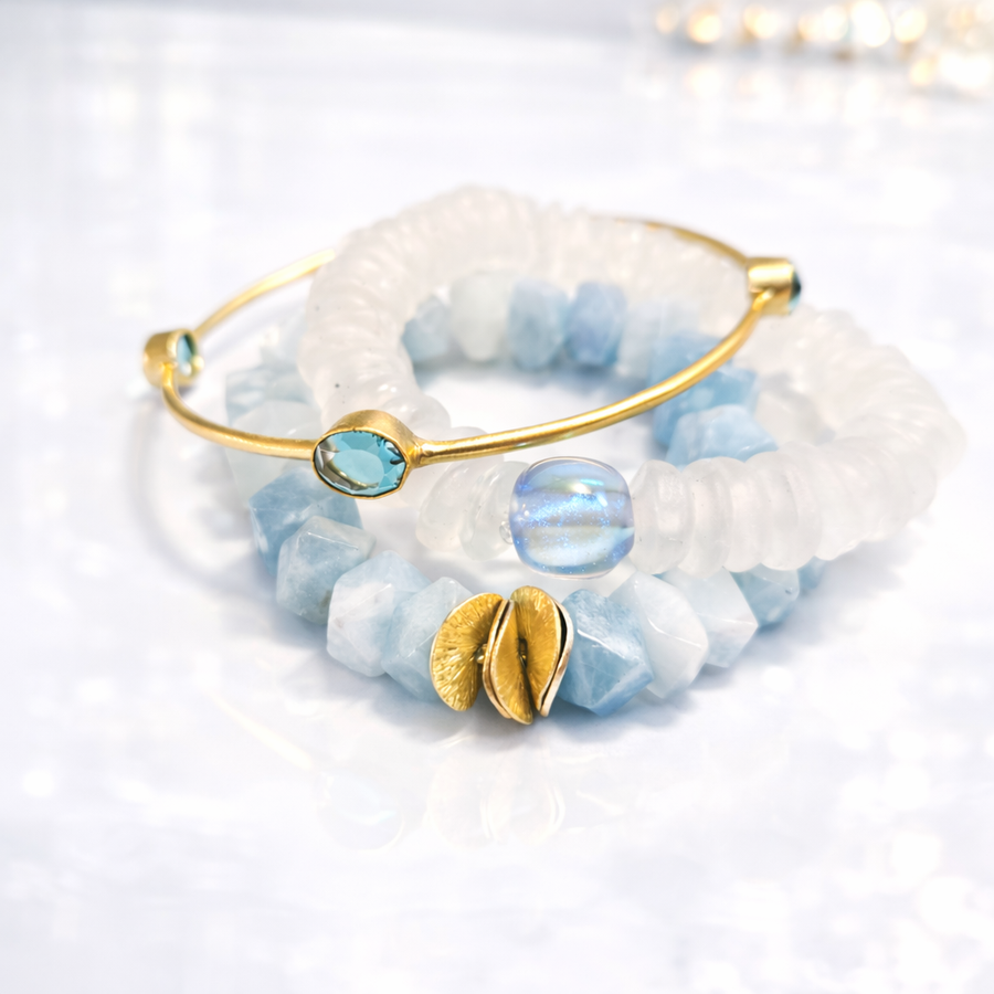 Aqua Blue Gemstone Bracelet l Chunky Beaded Stretchy Stackable l Boho Natural Stone Jewelry l Handmade Brushed Gold l Dreams Do Come True