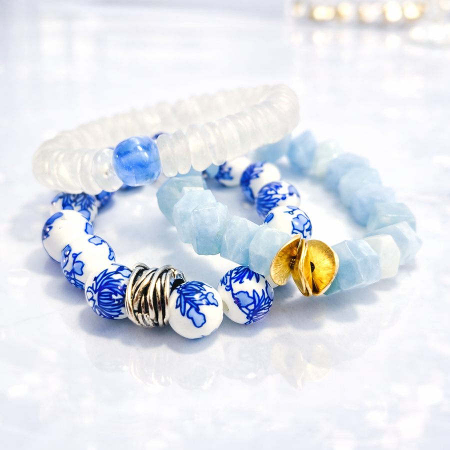 The Camille Chinoiserie Painted Bead Stretchy Bracelet with Brushed Gold Ball - Blue Two Tone Colorway