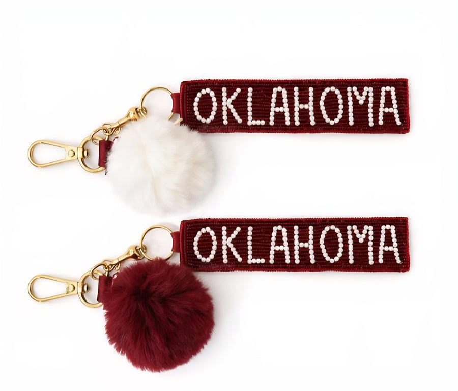 Oklahoma Bag Charm / Keychain / Wristlet Pearl Script