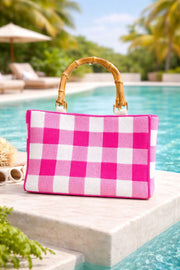 Hand Beaded Gingham Bag with Bamboo Handle | Pink & White Summer Purse | Artisan Made Statement Handbag | Max & Margaux Exclusive