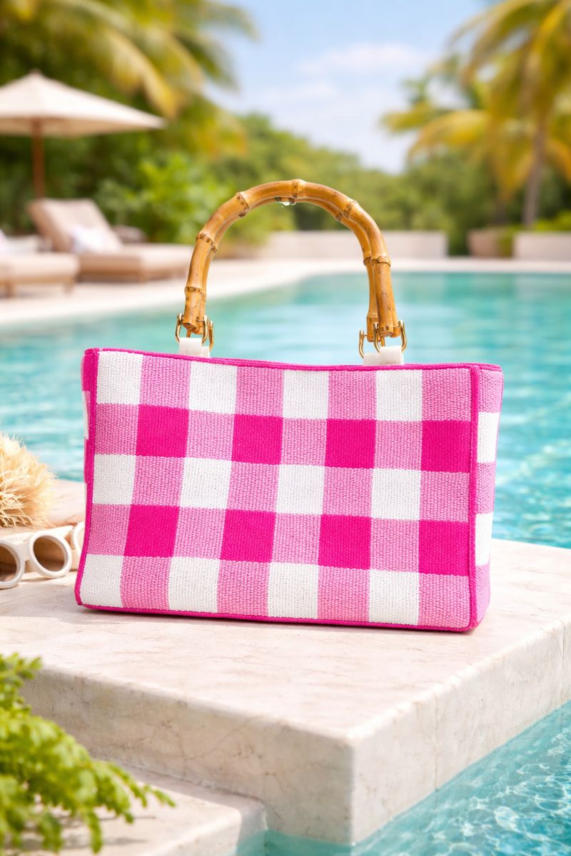 Hand Beaded Gingham Bag with Bamboo Handle | Pink & White Summer Purse | Artisan Made Statement Handbag | Max & Margaux Exclusive