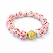 The Camille Chinoiserie Painted Bead Stretchy Bracelet with Brushed Gold Ball - Red
