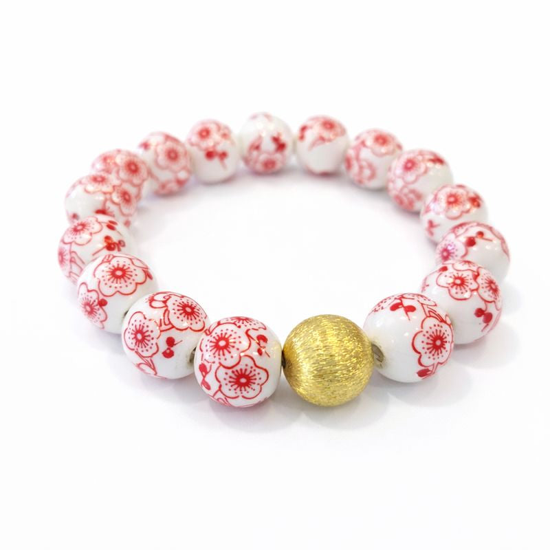 The Camille Chinoiserie Painted Bead Stretchy Bracelet with Brushed Gold Ball - Red