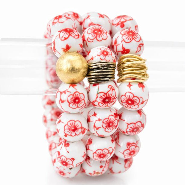 The Camille Chinoiserie Painted Bead Stretchy Bracelet with Brushed Gold Ball - Red