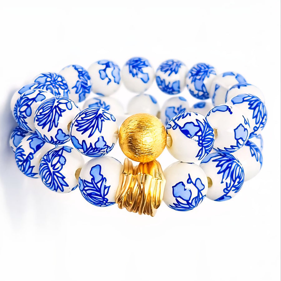 The Camille Chinoiserie Painted Bead Stretchy Bracelet with Brushed Gold Ball - Blue Two Tone Colorway