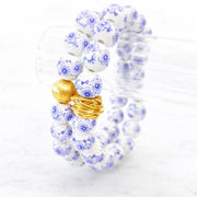 The Camille Chinoiserie Painted Bead Stretchy Bracelet with Brushed Gold Ball - Lilac Floral