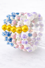 The Camille Chinoiserie Painted Bead Stretchy Bracelet with Brushed Gold Ball - Pink Floral Colorway