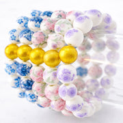 The Camille Chinoiserie Painted Bead Stretchy Bracelet with Brushed Gold Ball - Blue Two Tone Colorway
