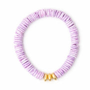 Purple beaded bracelet with gold accents on a white background