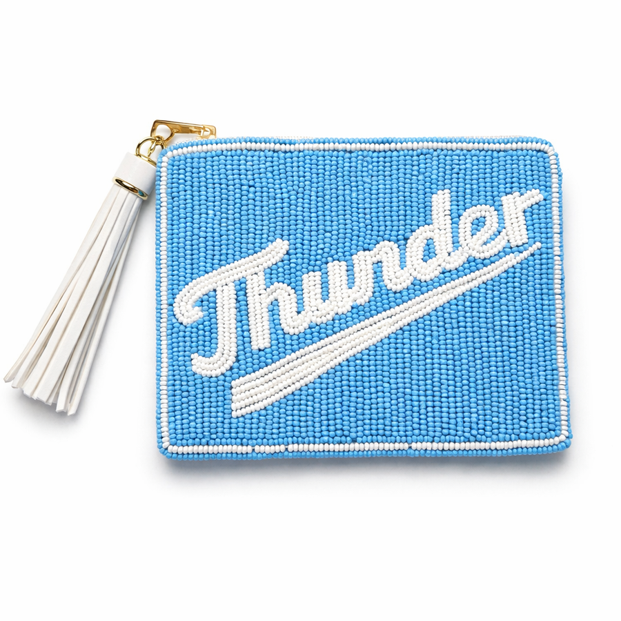 Handmade Beaded Gameday Custom Coin Purse | Bag for Clear Stadium Bags | OKC Thunder | Oklahoma  I Bright Blue Retro Style